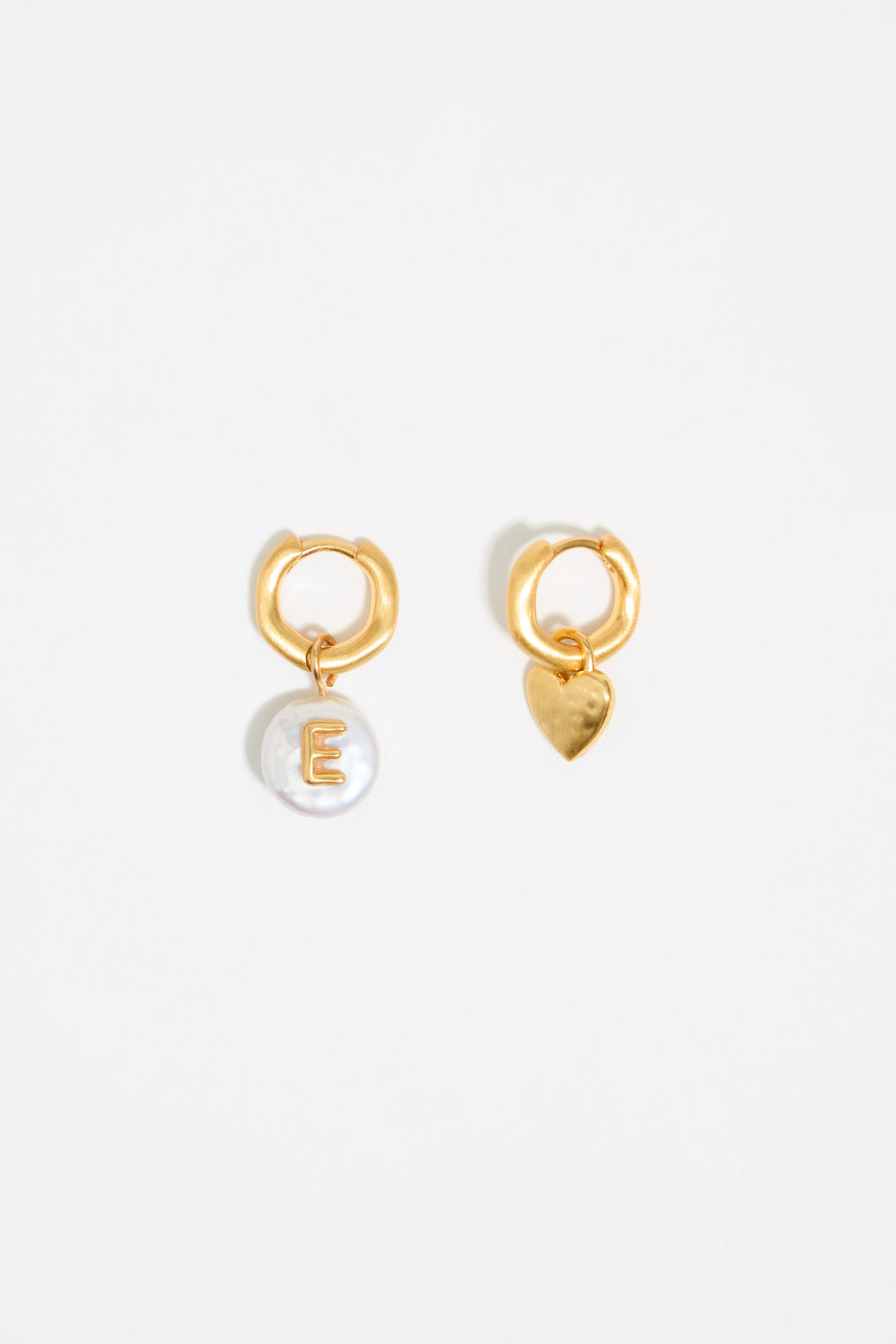 Letter E pearl and heart hoop earrings