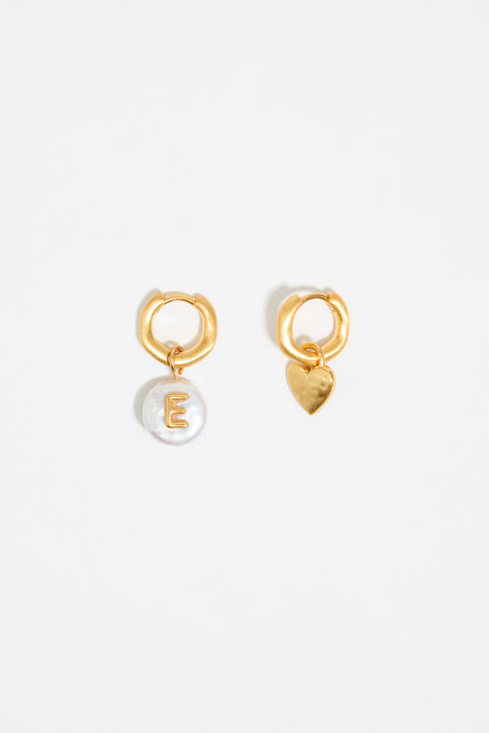 Letter E pearl and heart hoop earrings