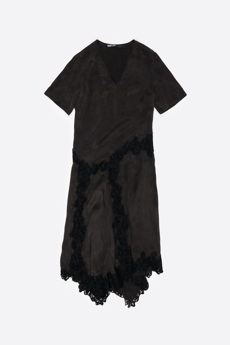 Washed black lace V-neck dress