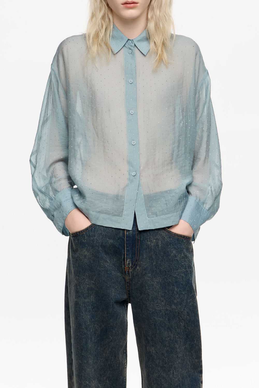Light blue mini rhinestones boxy shirt