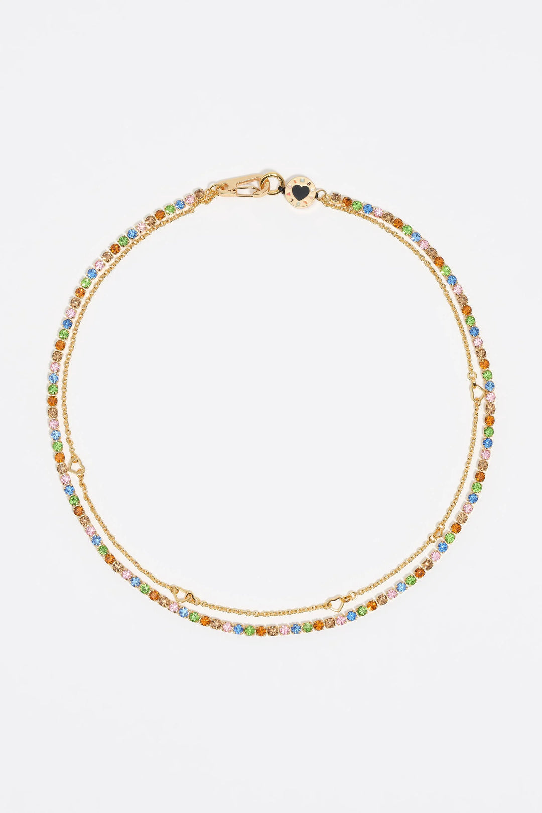 Gold double-layer crystals and logo chain necklace
