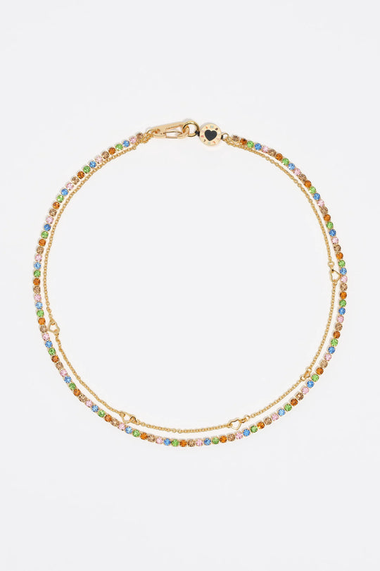 Gold double-layer crystals and logo chain necklace