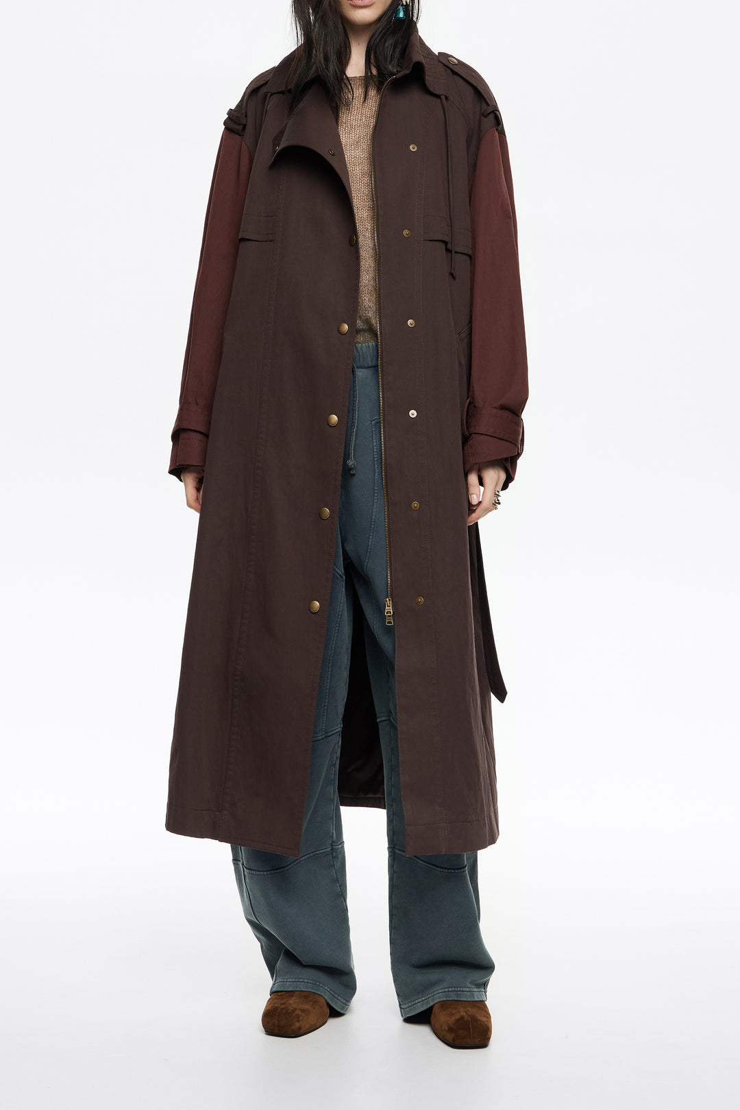 Two-tone burgundy maxi trench
