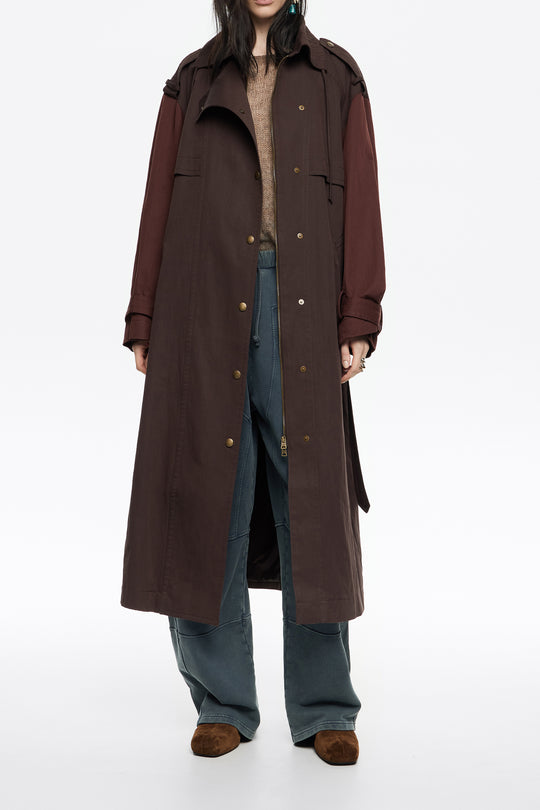 Two-tone burgundy maxi trench