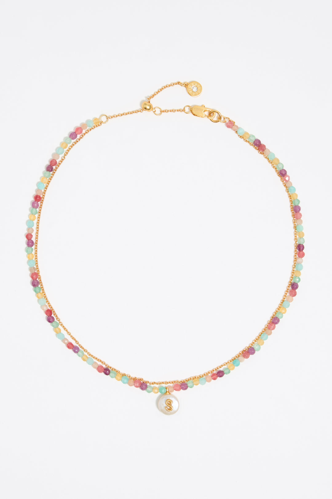 Letter S pearl and multicolor stones necklace