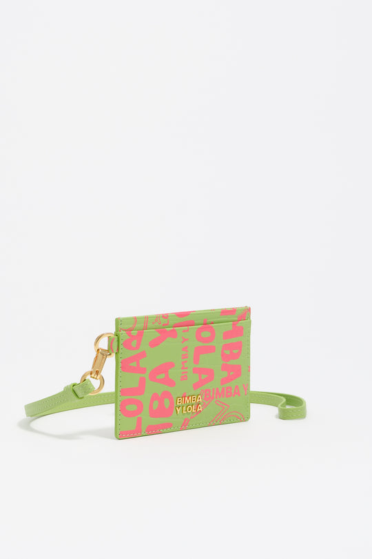 Pink lime print leather card holder