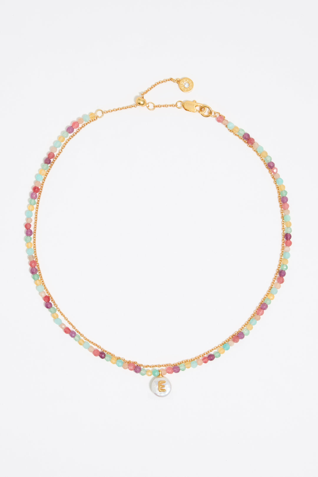Letter E pearl and multicolor stones necklace