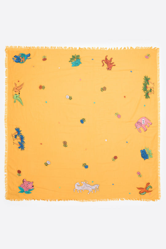 Embroidered animals cotton shawl