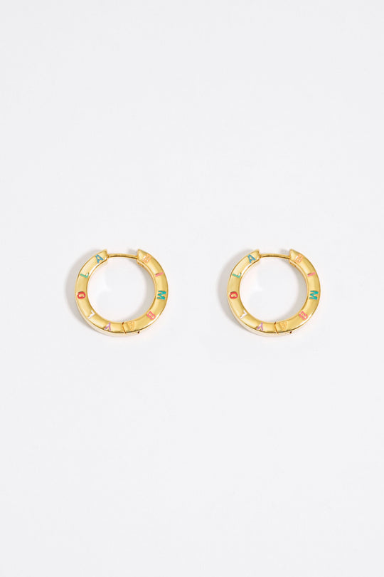 Multi-pastel logo golden hoop earrings