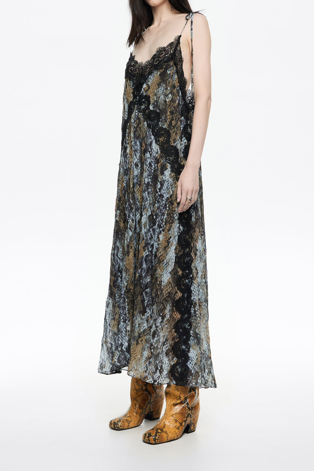 Khaki Snake pleated lace dress