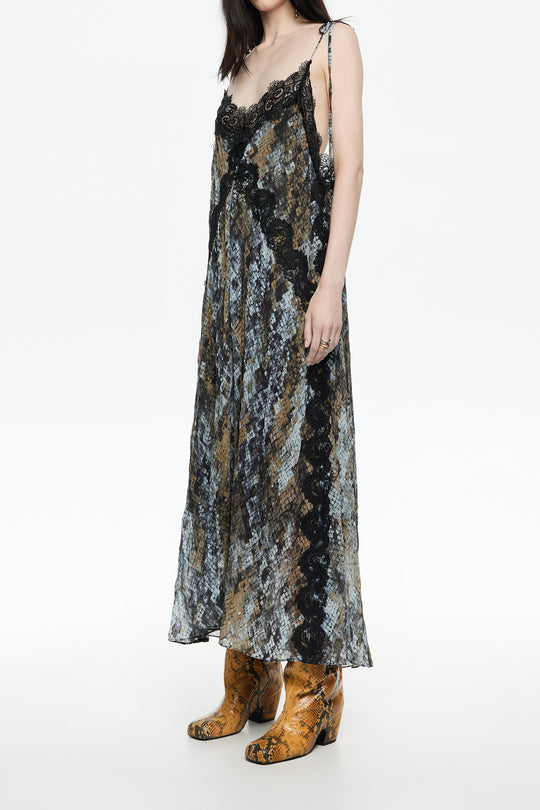 Khaki Snake pleated lace dress