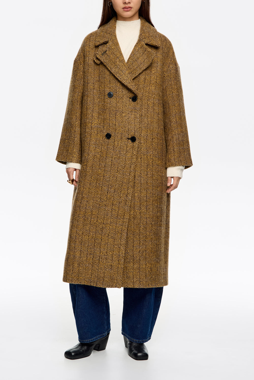 Long mustard herringbone tailored coat