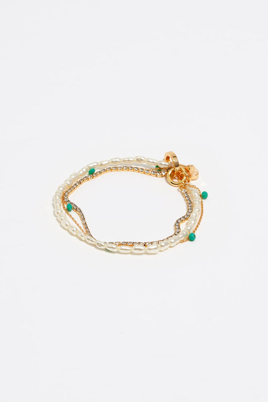 Gold-tone chain and pearl heart logo double-layer bracelet