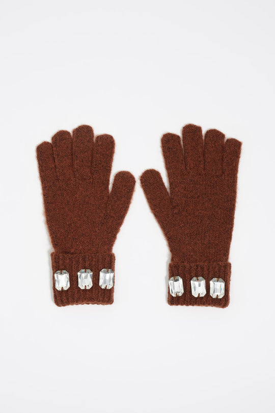 Brown knit crystals gloves