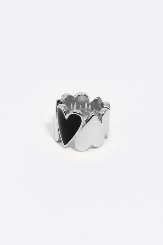 Black and silver hearts ring