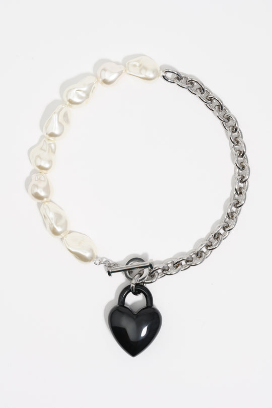 Pearl and heart chain necklace with black padlock