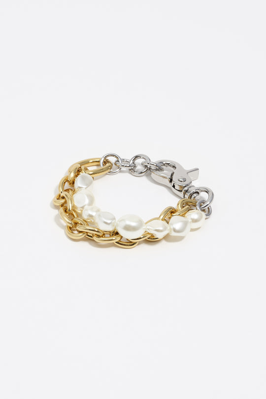 Two-tone pearl and double-layer chain bracelet