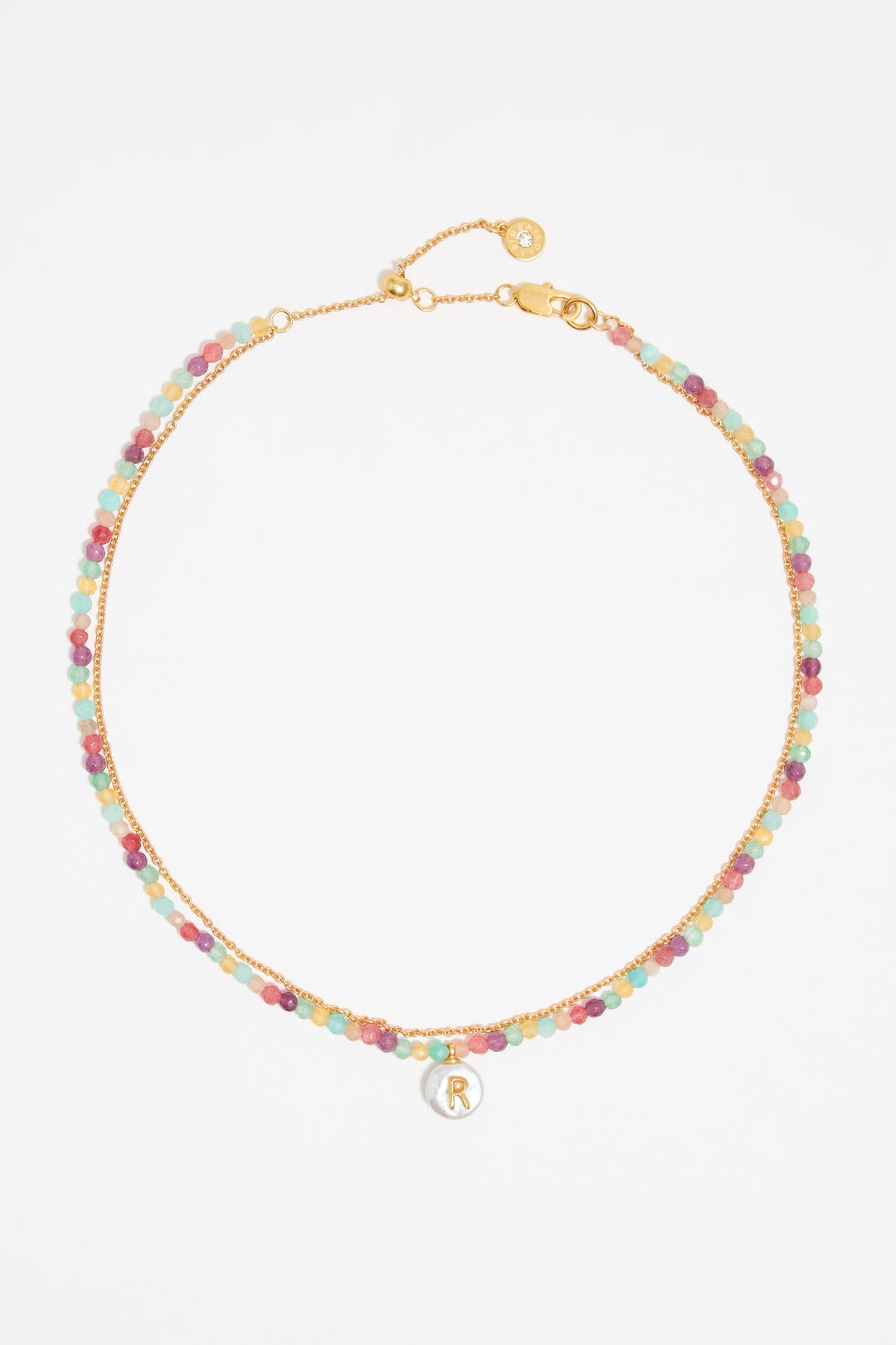 Letter R pearl and multicolor stones necklace