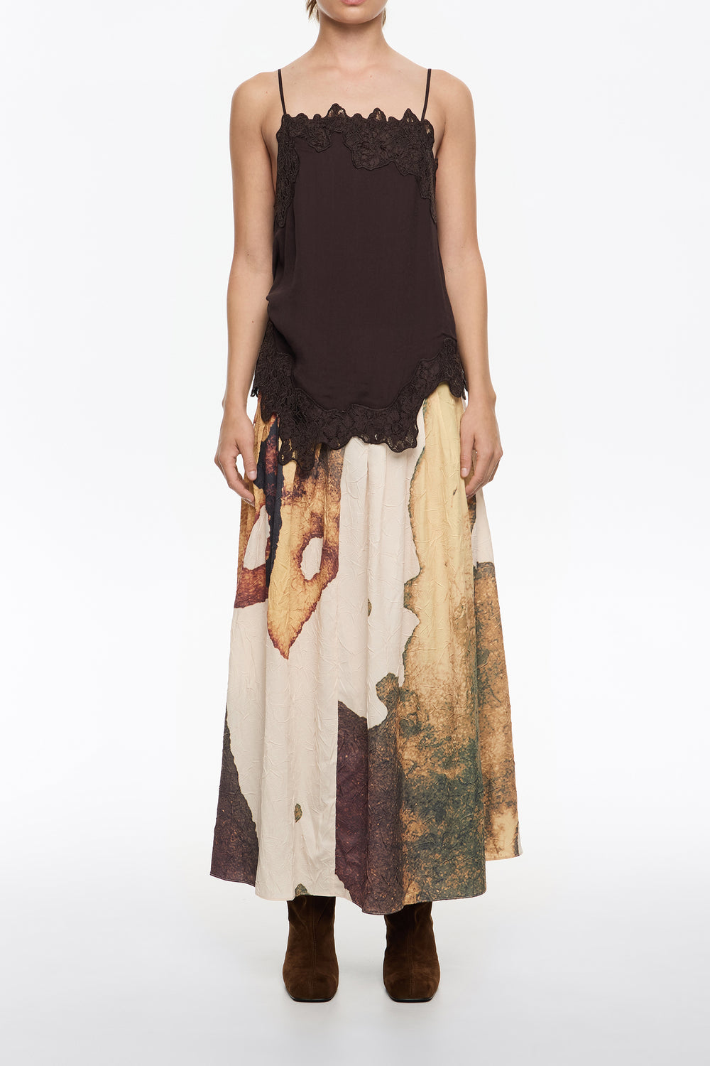 Light yellow Abstract pleated A-line midi skirt