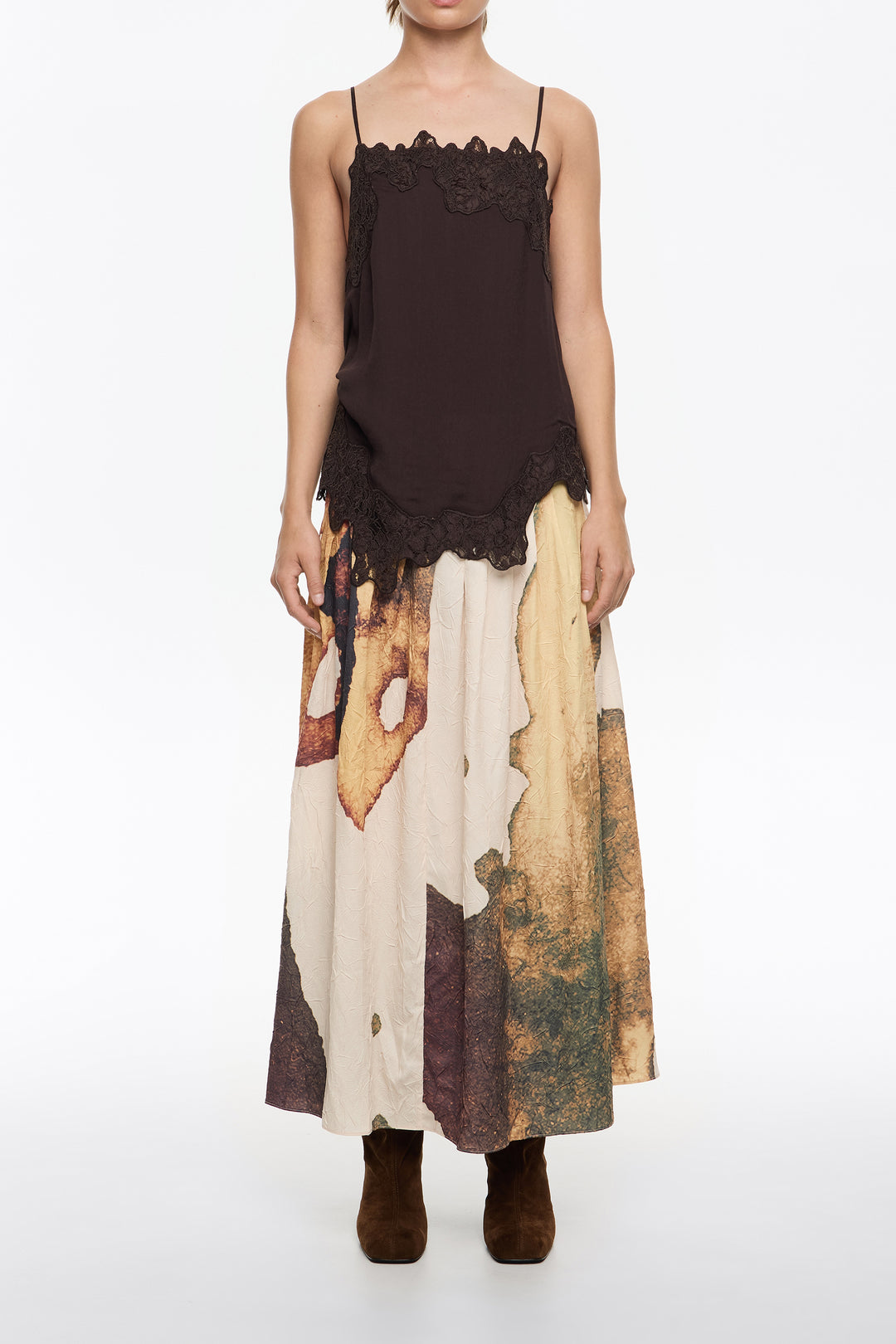 Light yellow Abstract pleated A-line midi skirt