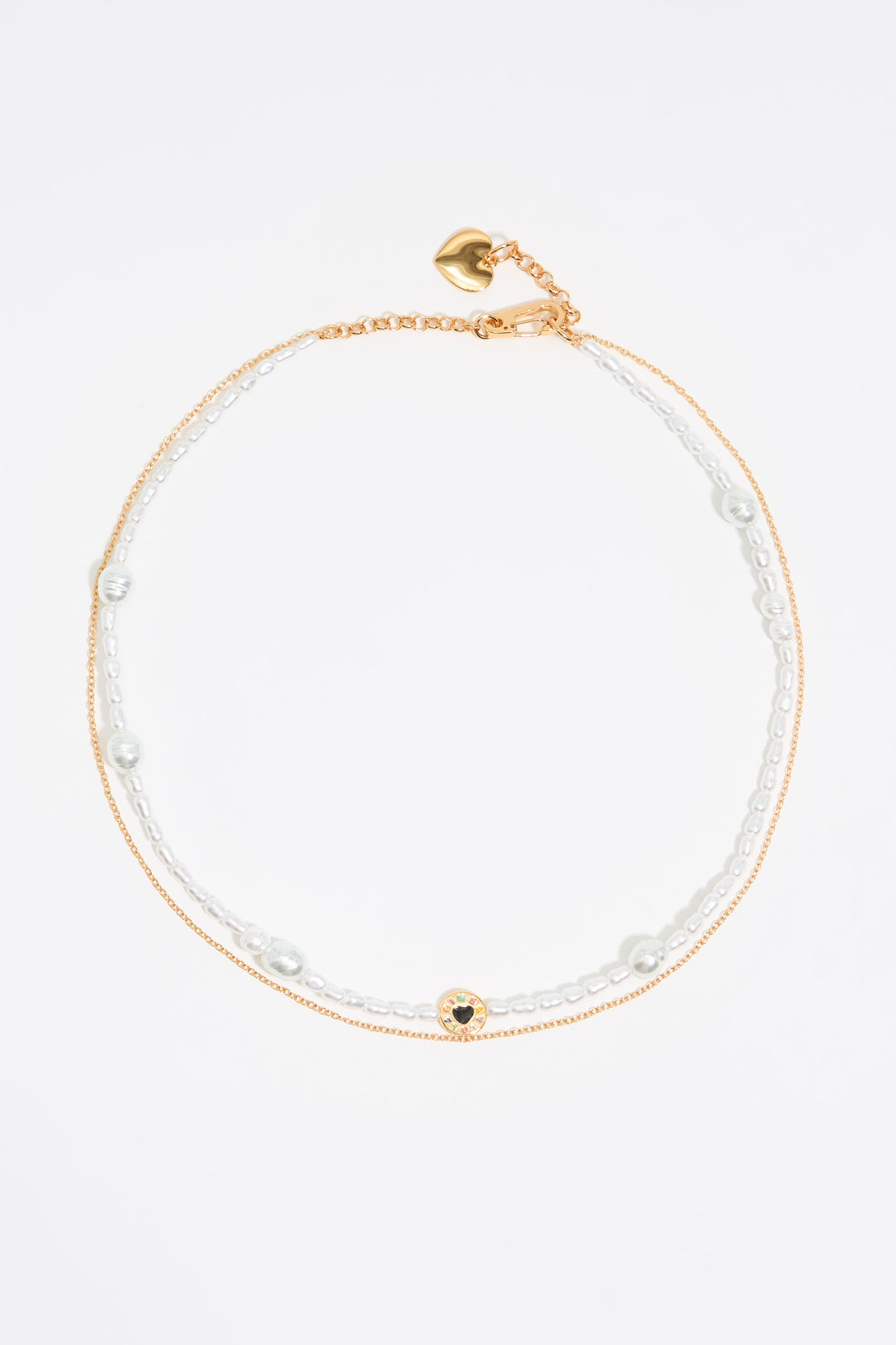 Pearl and heart logo double chain necklace