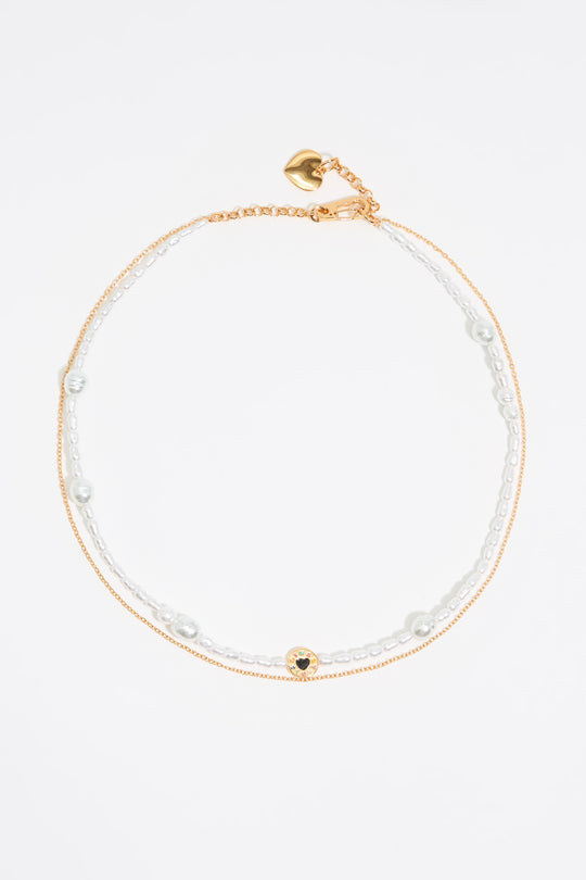 Pearl and heart logo double chain necklace