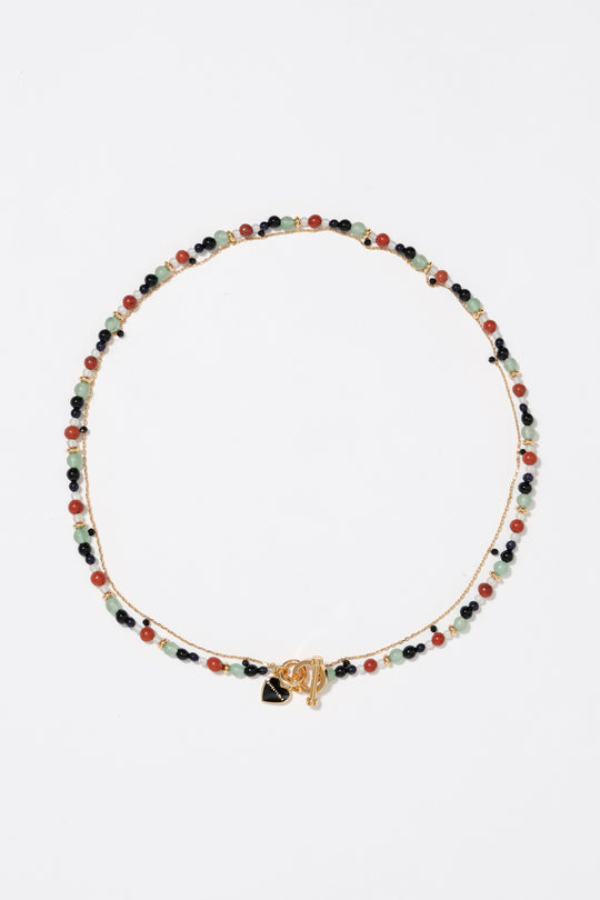 Gold-tone double-layer heart logo chain and stones necklace