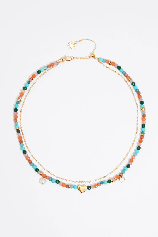 Multicolor stones and gold heart necklace