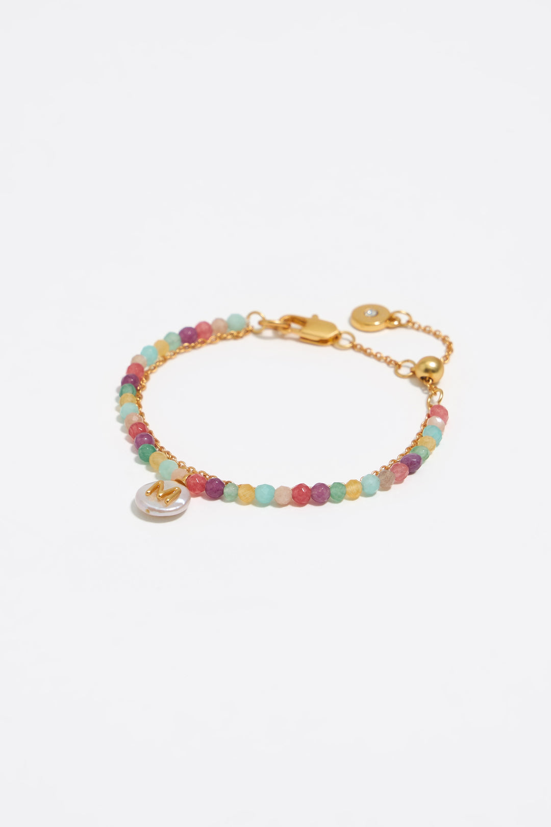 Letter M pearl and multicolor stones bracelet