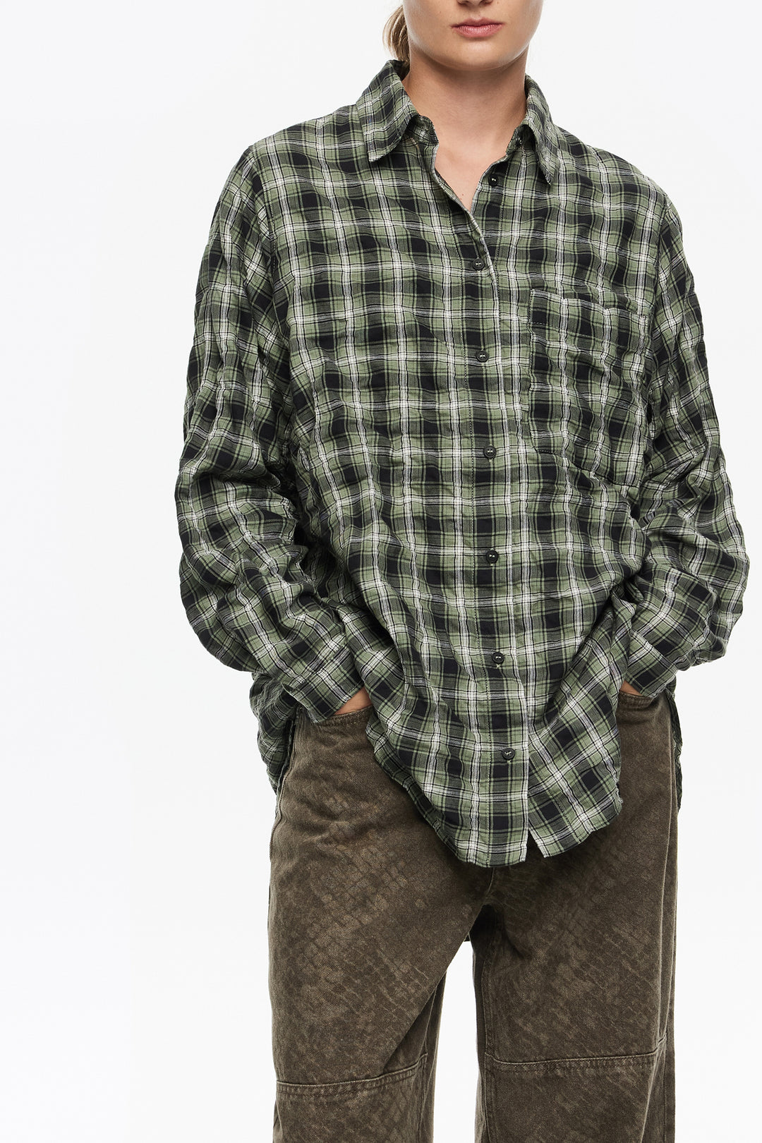 Green checked textured shirt