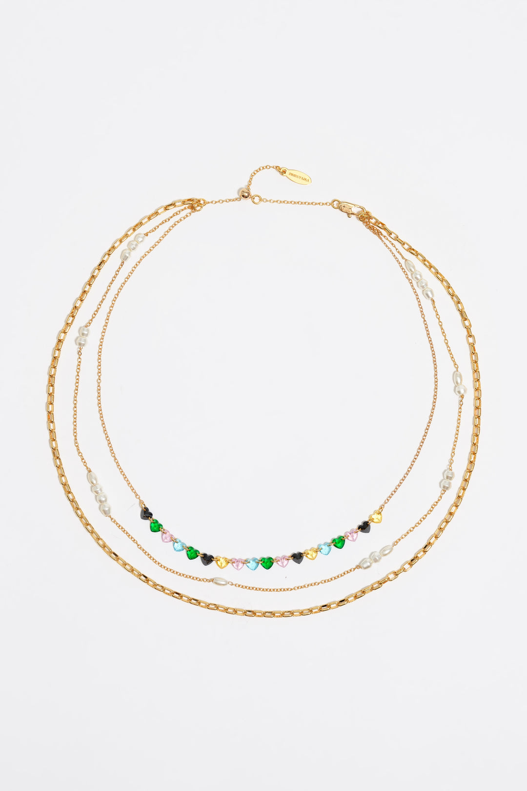 Gold-tone triple-layer chain heart crystals necklace