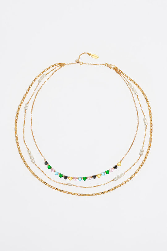 Gold-tone triple-layer chain heart crystals necklace
