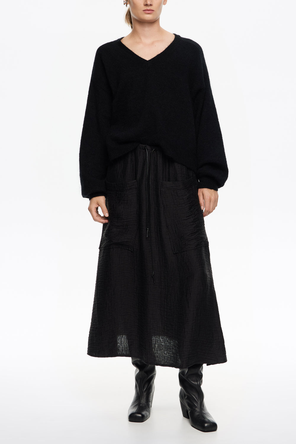 Washed black adjustable waist fluid skirt