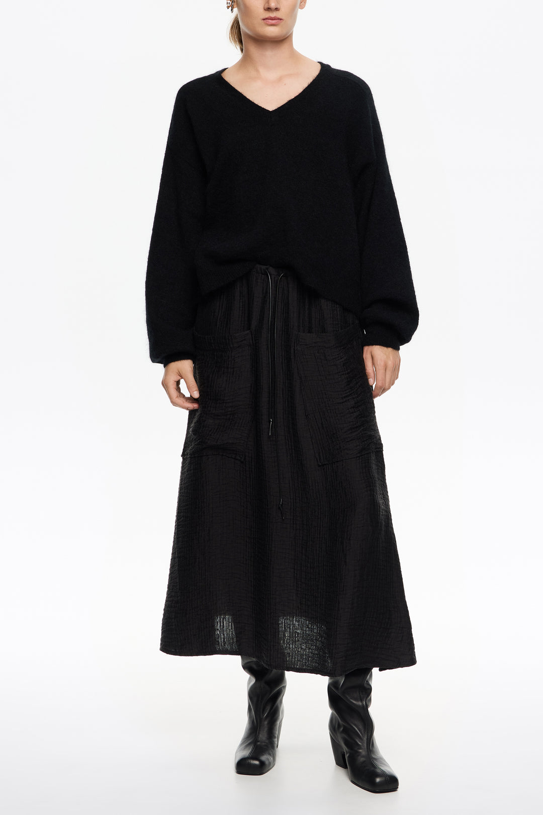 Washed black adjustable waist fluid skirt