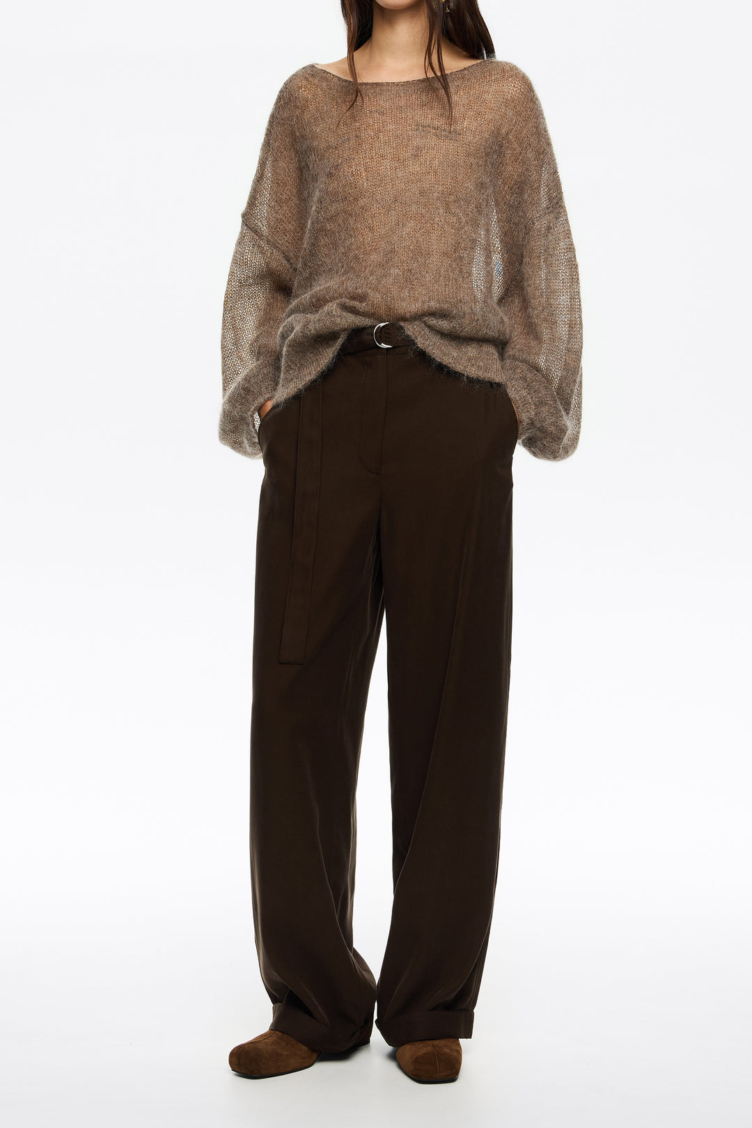 Dark brown fluid flared trousers