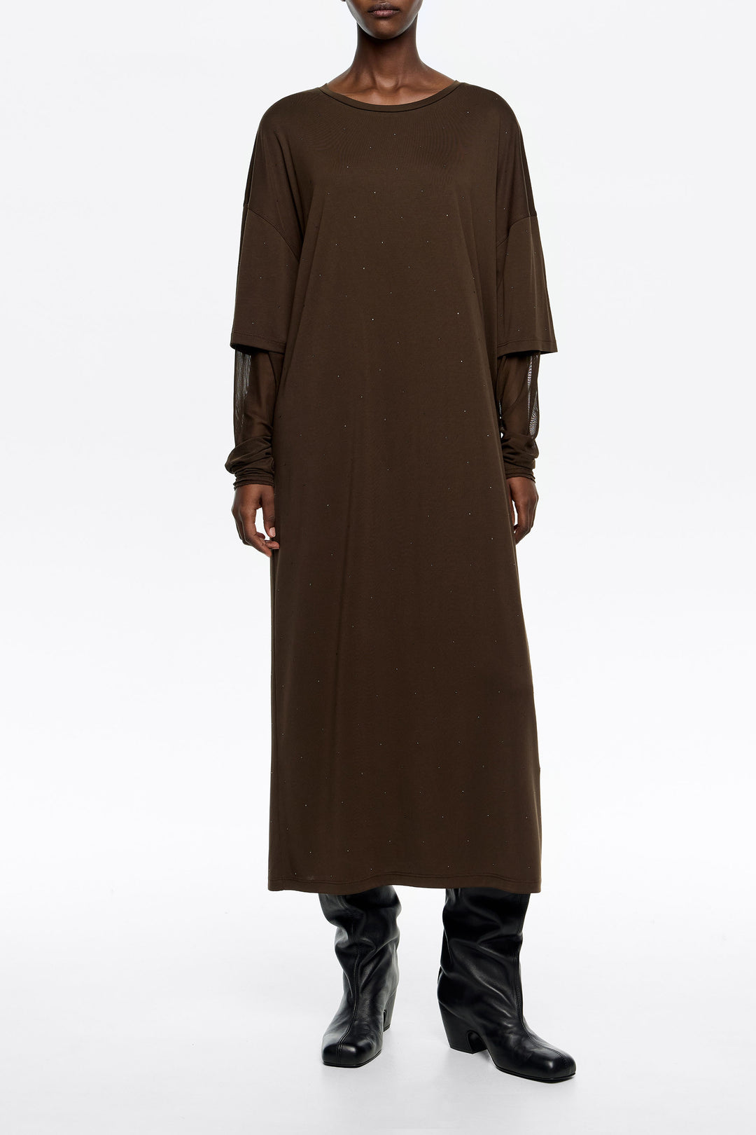 Dark brown tulle sleeve dress