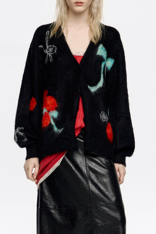 Long black cardigan with multicolored bows