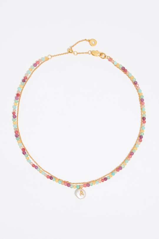 Letter A pearl and multicolor stones necklace