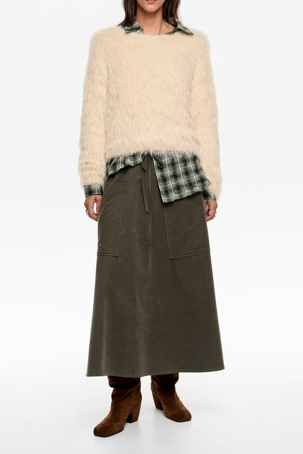 Khaki adjustable waist midi skirt