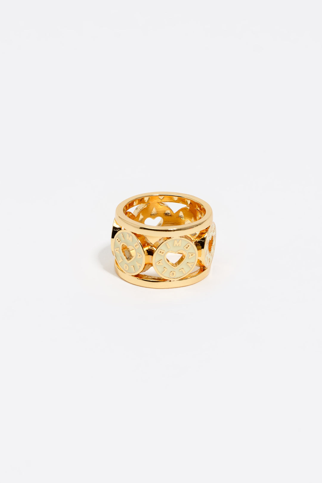 Gold-tone metal ring with ivory heart logo