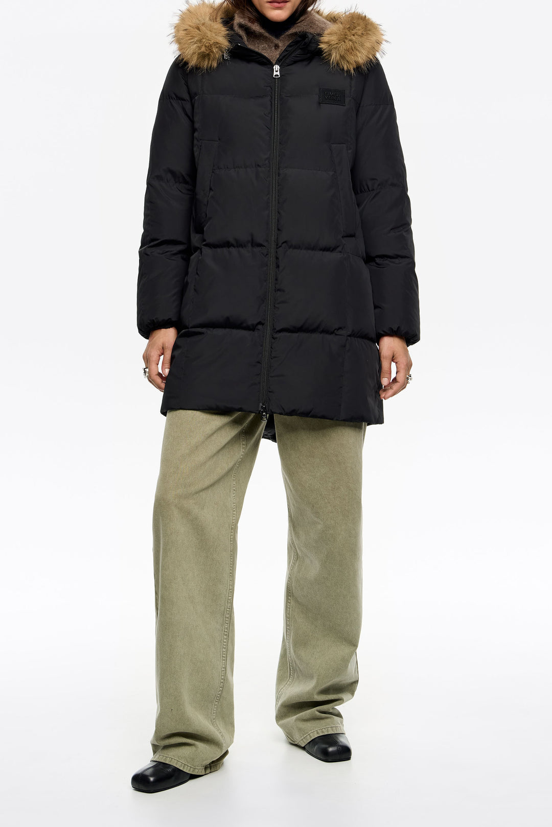 Straight black down jacket with fur hood