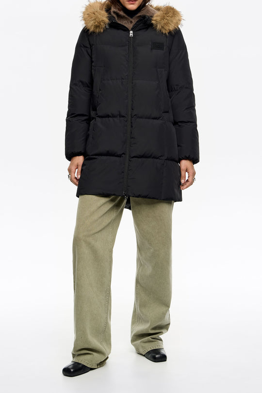 Straight black down jacket with fur hood