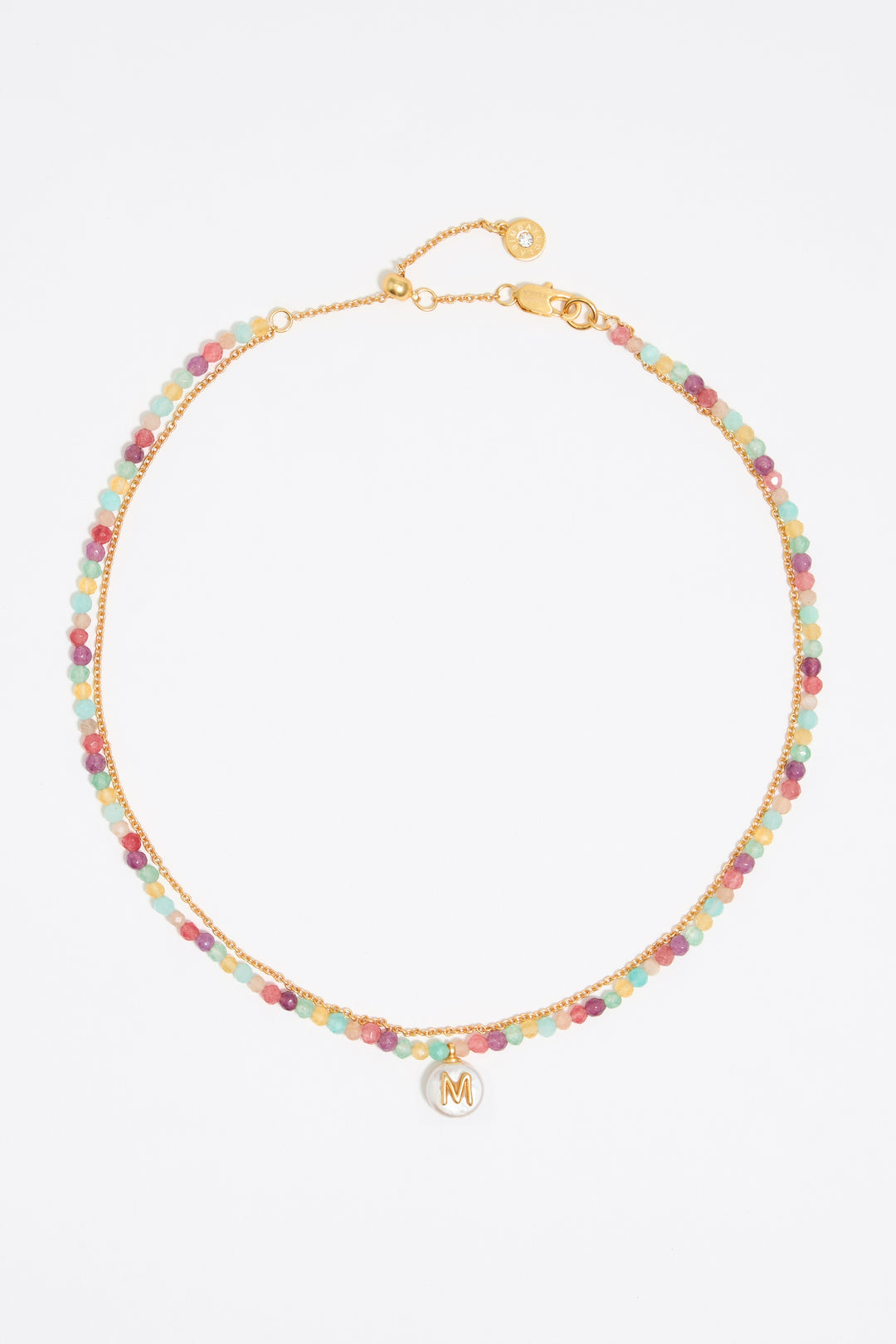 Letter M pearl and multicolor stones necklace