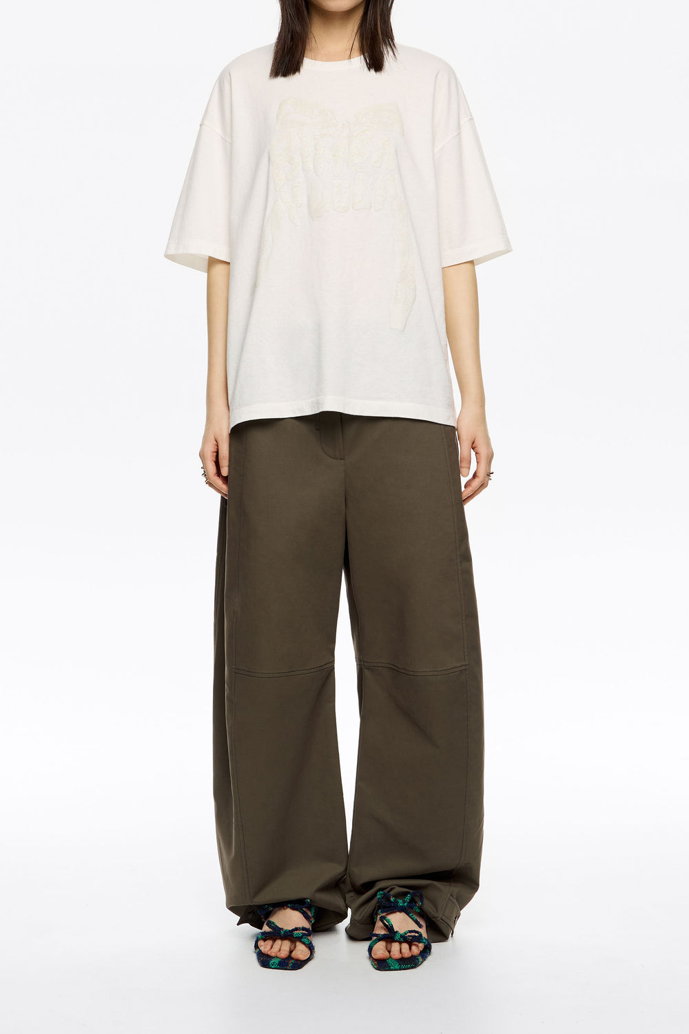 Dark khaki adjustable barrel leg trousers