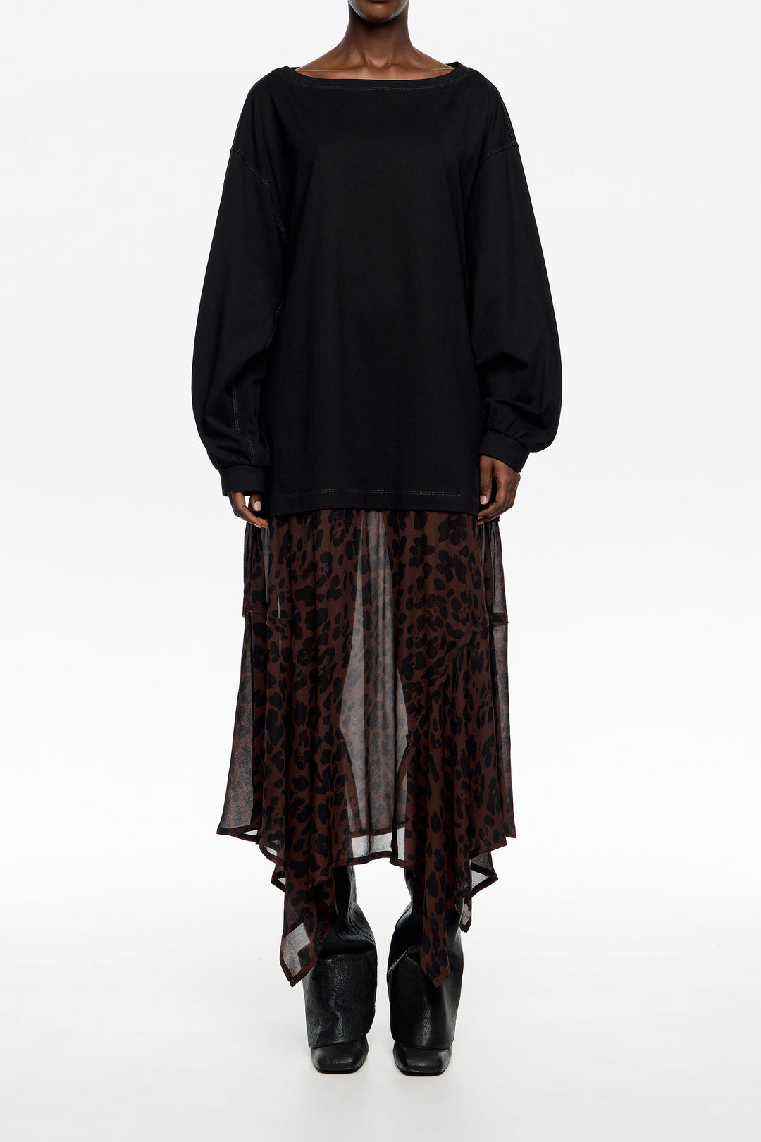 Dark brown Big Leopard 2 in 1 dress with asymmetric skirt