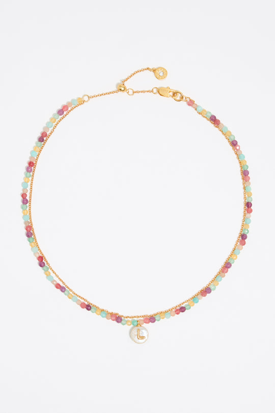 Letter L pearl and multicolor stones necklace
