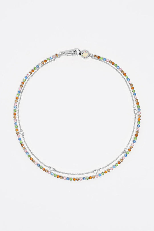 Silver double-layer crystals and logo chain necklace