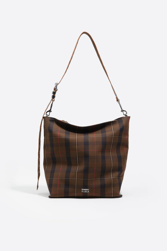 Large brown checked nylon Carlino bag