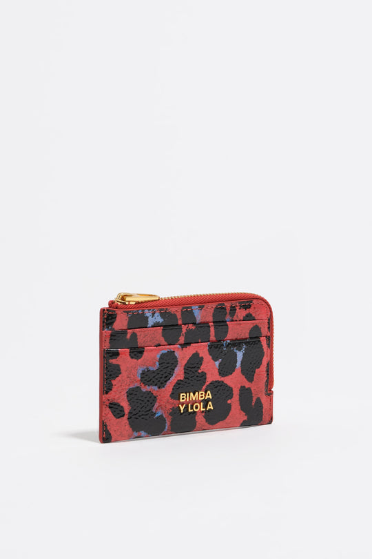 Poppy red shiny textured Leopard print coin purse