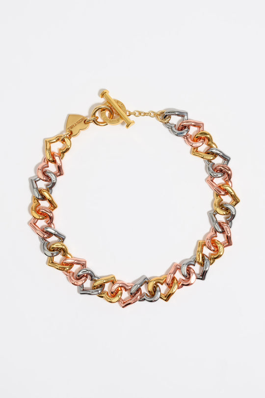 Three-tone heart chain necklace